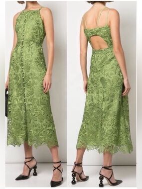 Cult Gaia Giana Lime Green Lace Button Up Front Cut Out Midi Dress size Large